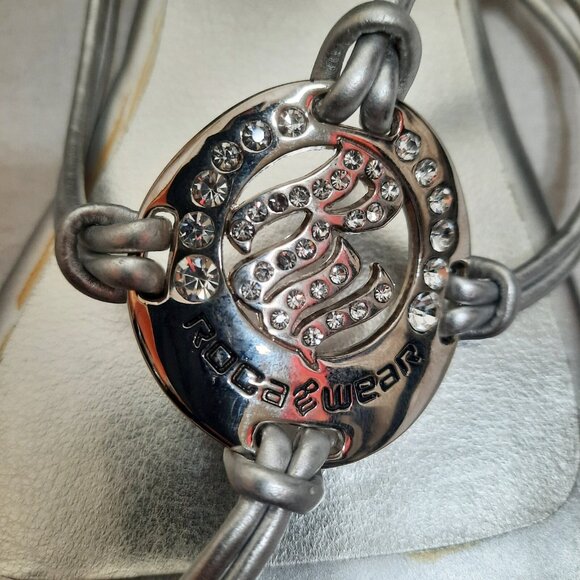 Y2K 2000s Rocawear Silver Rhinestone Sandals Flat Thong With Ties Womens US 9 - Picture 2 of 9